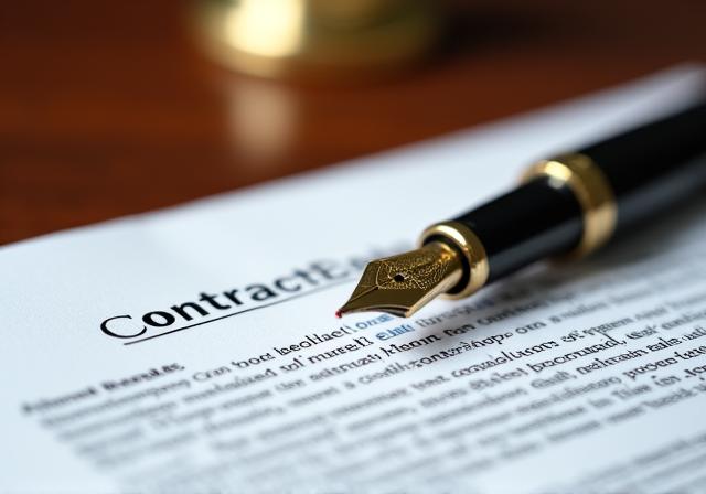 Close up of a legal document and fountain pen on a mahogany desk